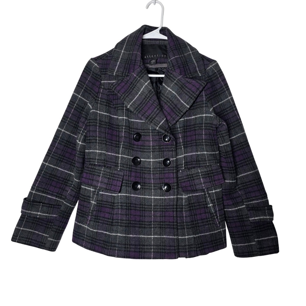 Attention Plaid Pea Coat Womens Medium Purple Grey Double Breasted Jacket
